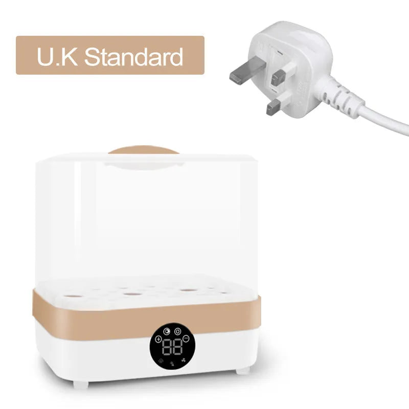 Baby bottle steriliser and dryer with polypropylene housing, 400W power, 10-minute cycle, available in multiple plug types