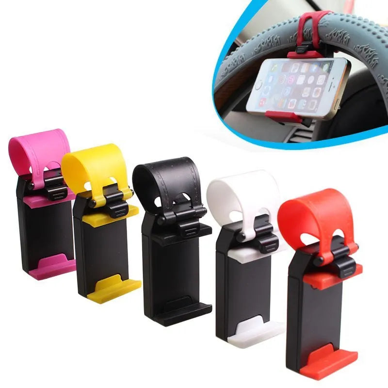 Universal steering wheel phone holder mount in black red blue yellow rose red colours