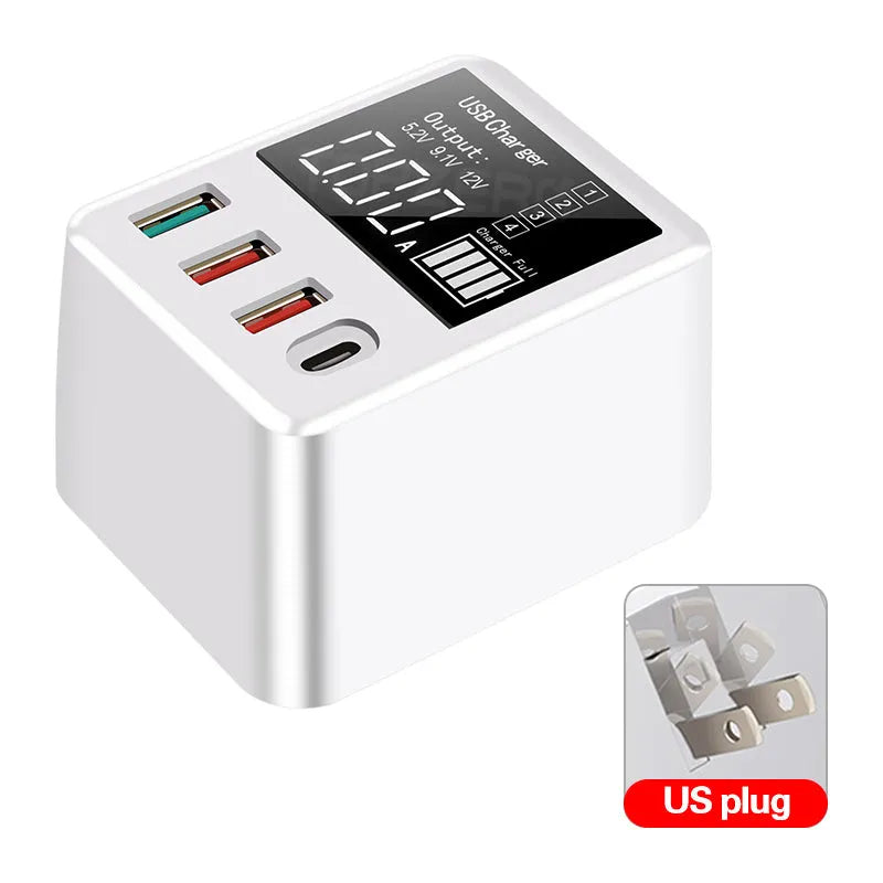 White 4-port USB travel wall charger with LED display, showing UK plug