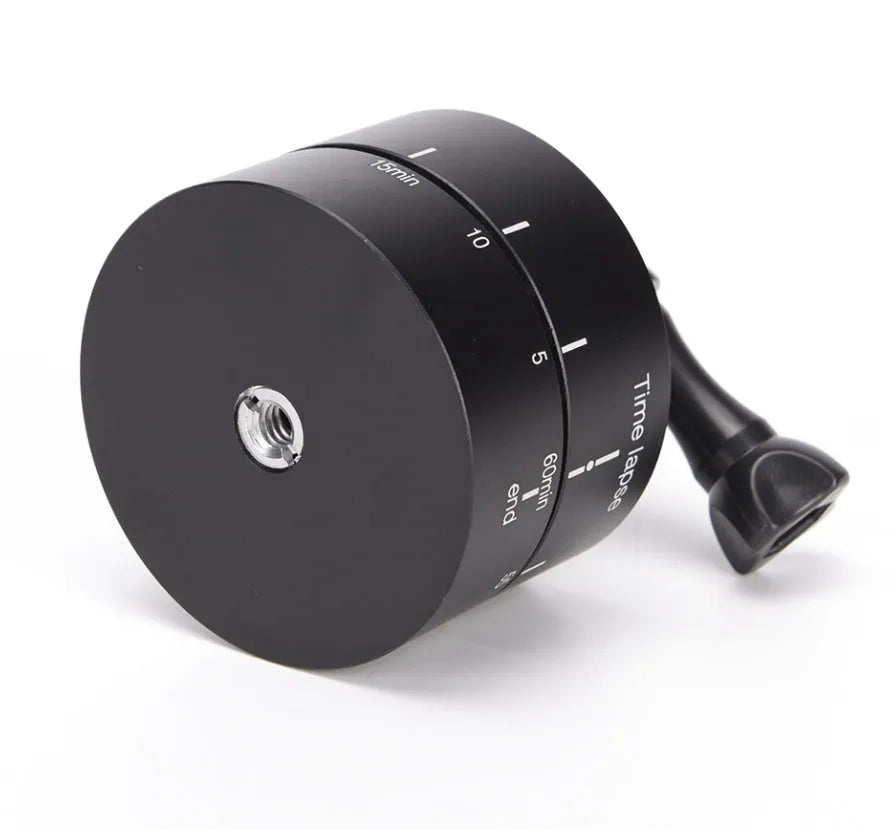 Lapse 360 degree auto rotate camera tripod head base on a black background