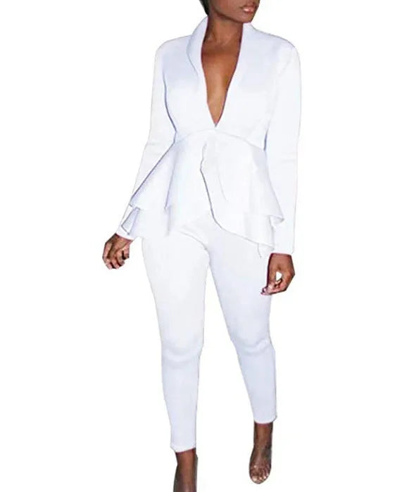 Women's ruffled business suit with pencil pants in polyester fabric, available in eight colours