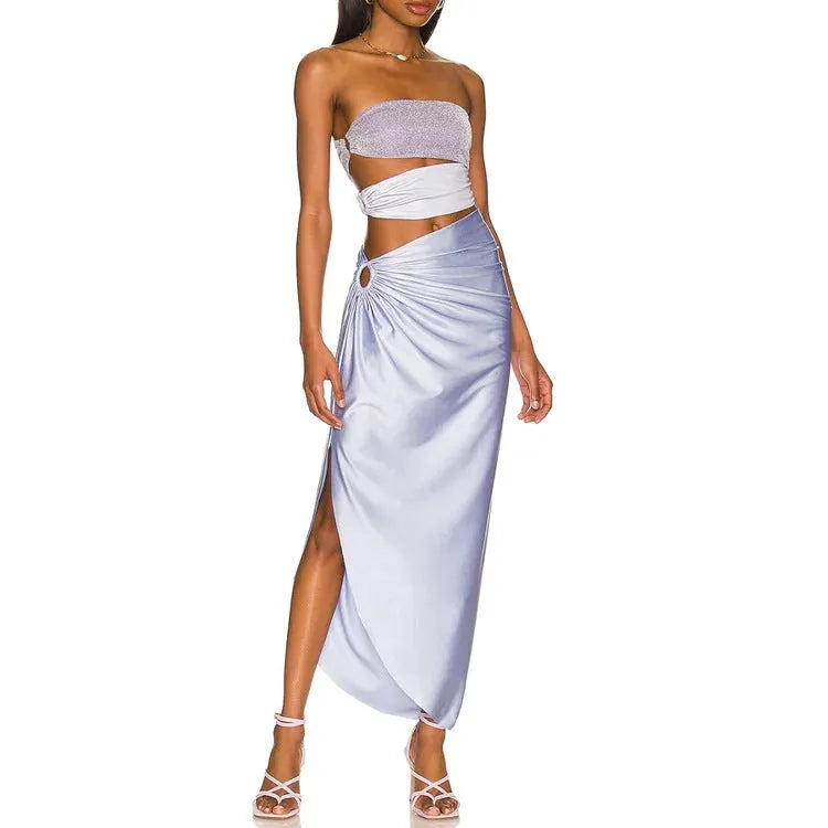 Purple one-piece swimsuit with matching wrap skirt in polyester fabric