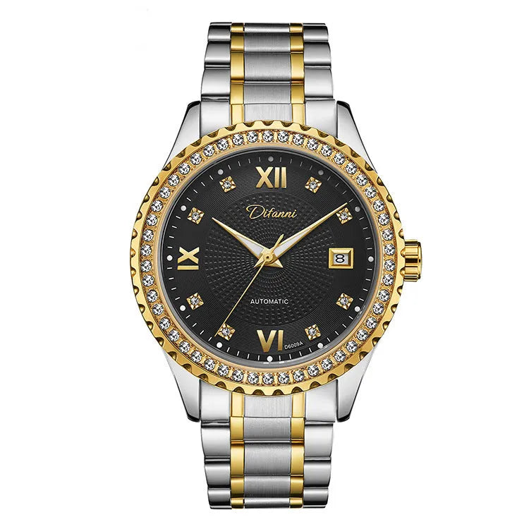 Fashionmonger men's automatic mechanical wristwatch with luminous hands on a metal bracelet.