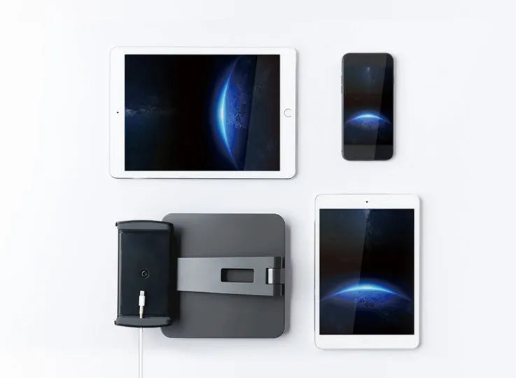 Foldable aluminium desktop phone and tablet holder showing rotation mechanism