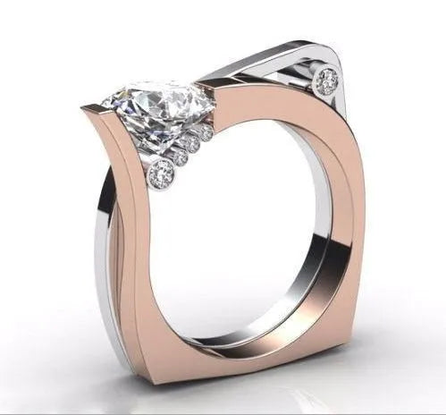 Rose gold geometric women's ring with zircon inlay showing couple's band design