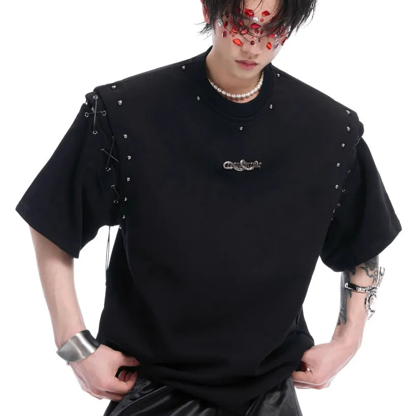 Black short sleeve T-shirt with lace-up cutout detail on mannequin