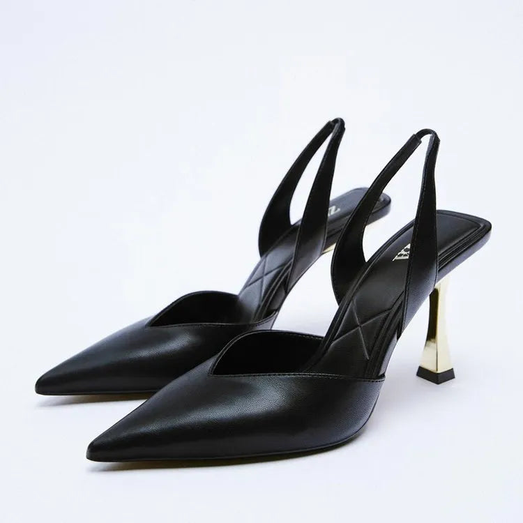 Women's patent leather pointed high heels in apricot colour with shallow mouth design, Korean style