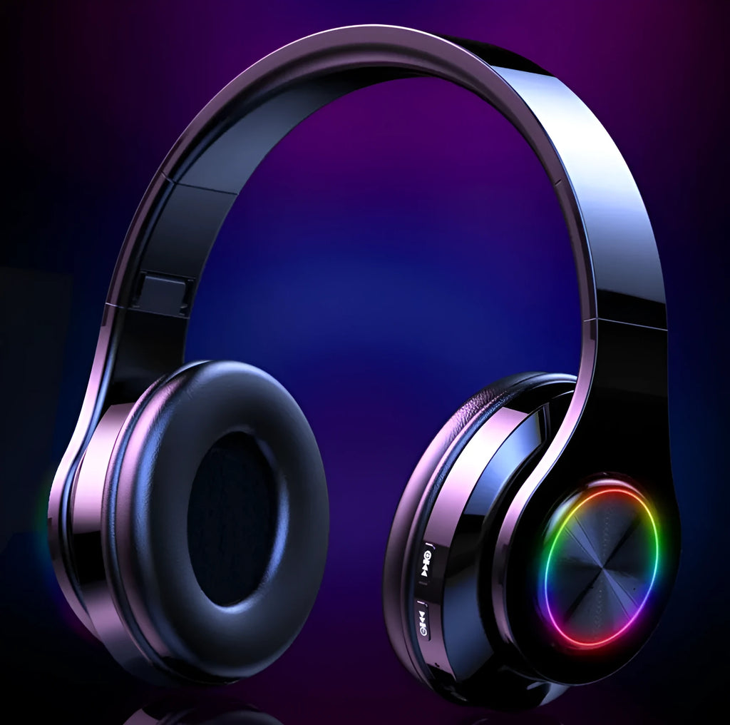 Black T6 over-ear wireless Bluetooth headset on a white background.