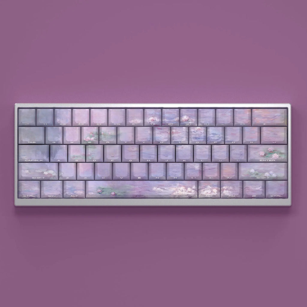 Wenshao Sleeping Lotus PBT key cap set showing side-carved light-transmission characters and five-sided sublimation artwork
