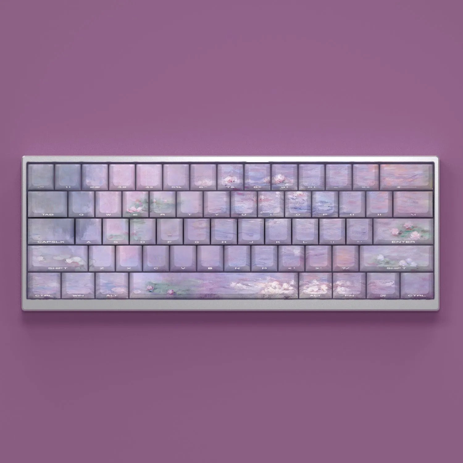 Wenshao Sleeping Lotus PBT key cap set showing side-carved light-transmission characters and five-sided sublimation artwork