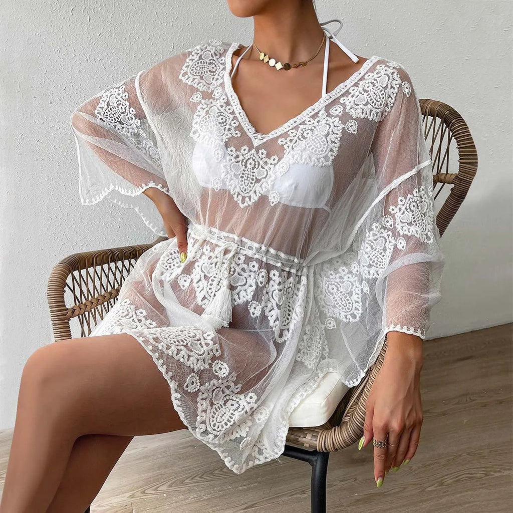 White women's beach blouse with textured lining for swimming and sun protection