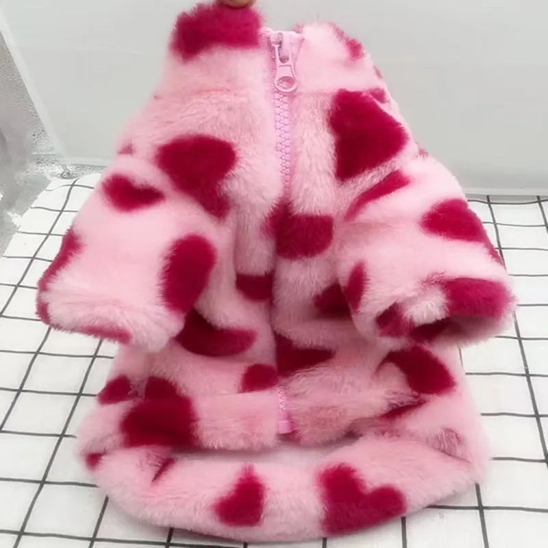 Small dog wearing pink polyester plush warm coat in British style design