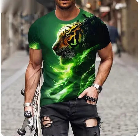 Men's black t-shirt with a large, detailed 3D printed lion design on the front.