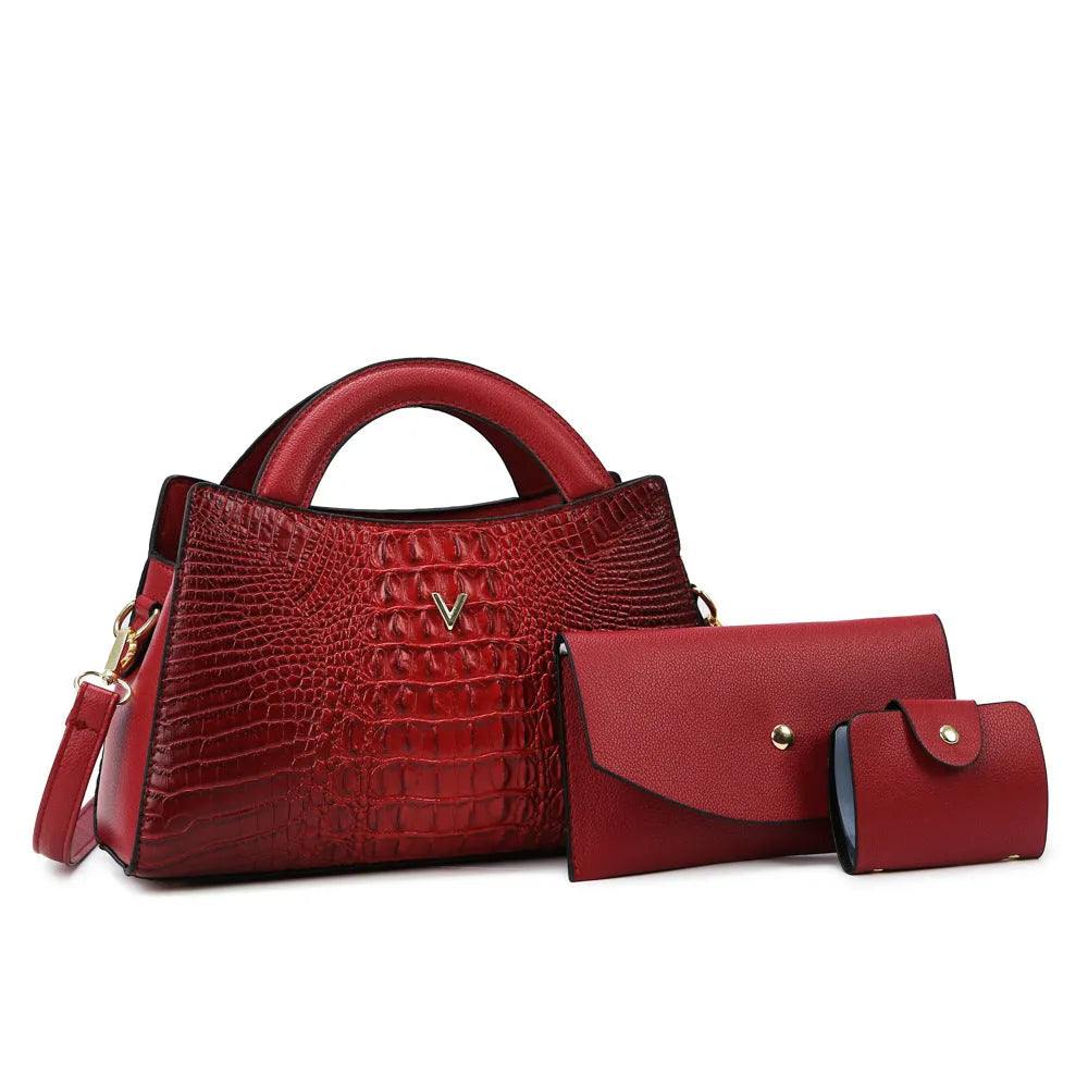 Women's square black crocodile pattern PU leather crossbody handbag with a single strap and outer pockets.