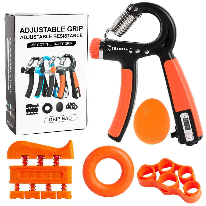 Adjustable count spring grip five-piece set with black and blue hand trainers on a white background