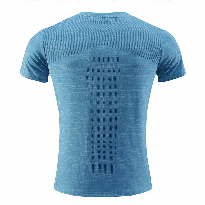 A short-sleeved sports T-shirt for running and basketball in a polyester spandex fabric.