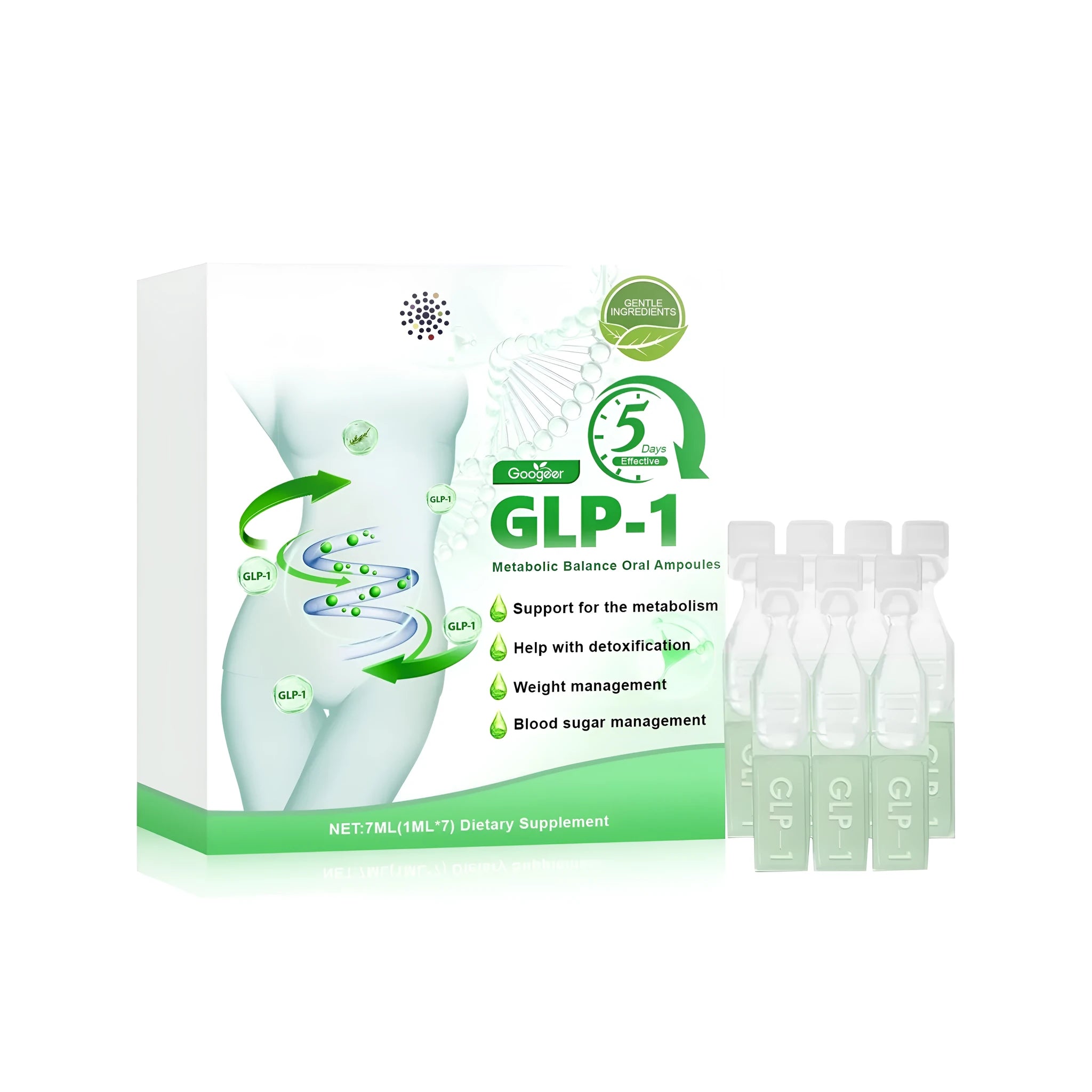 GLP-1 dietary supplement drops 7 ml pack with green tea moringa seed and turmeric in individual vials