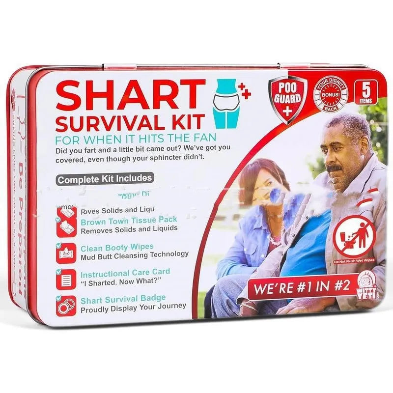 Poop Gift Set Survival Kit with wet wipes, dry wipes, disposable underwear, badge, and instruction card in an aircraft box.