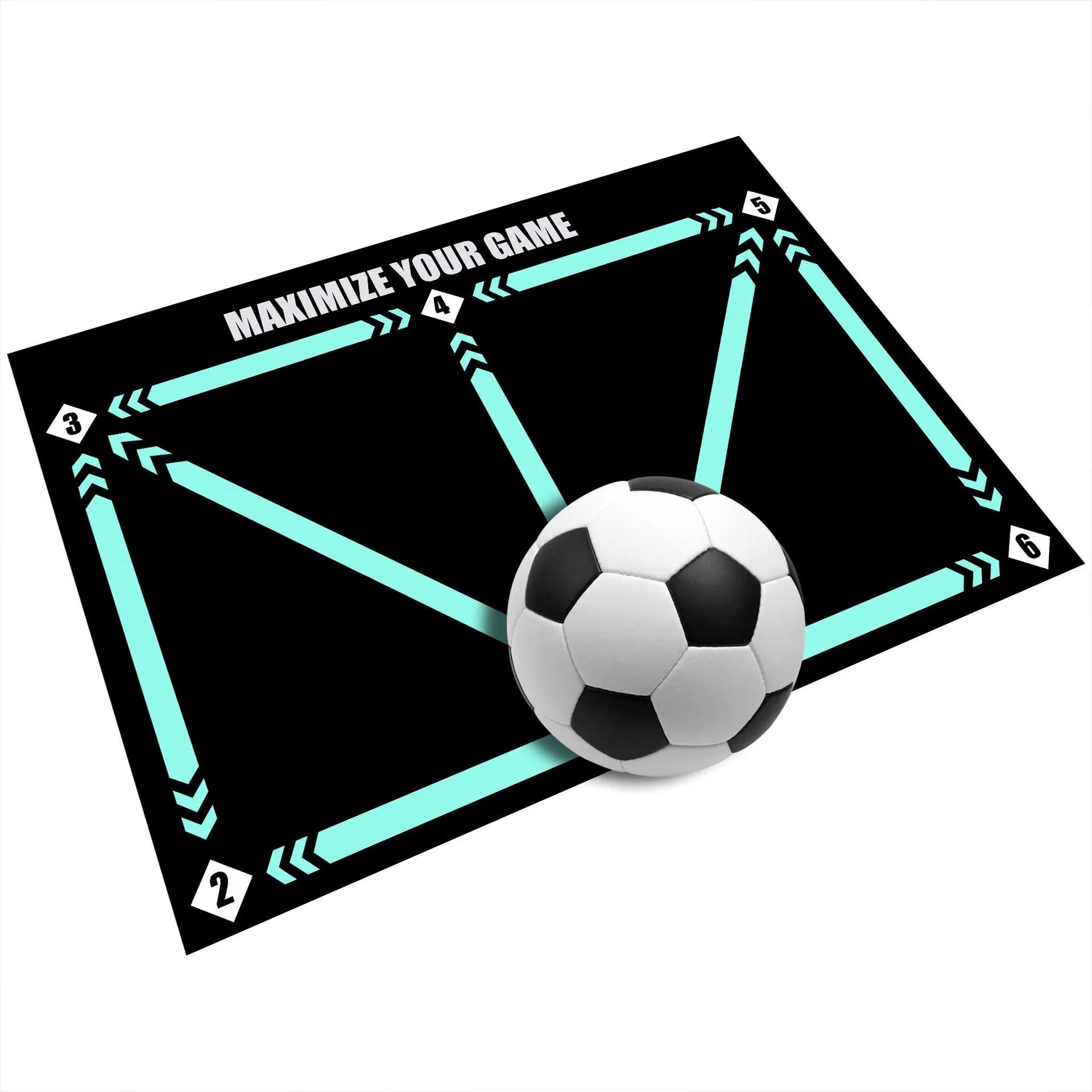 Black rectangular football training mat on floor for ball control practice drills