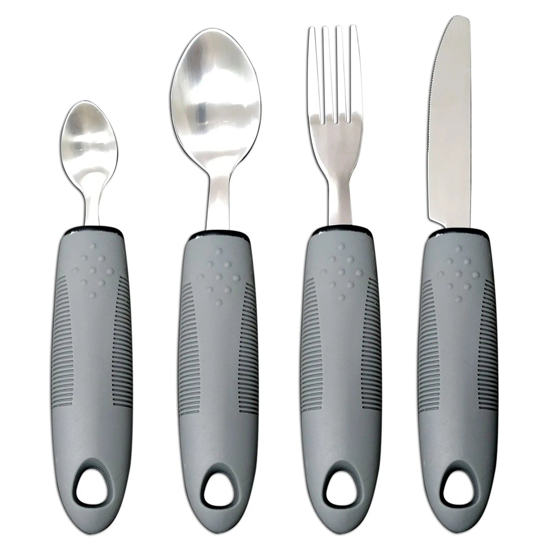 Stainless steel anti-shake cutlery set with rubber handles for adult mealtime assistance
