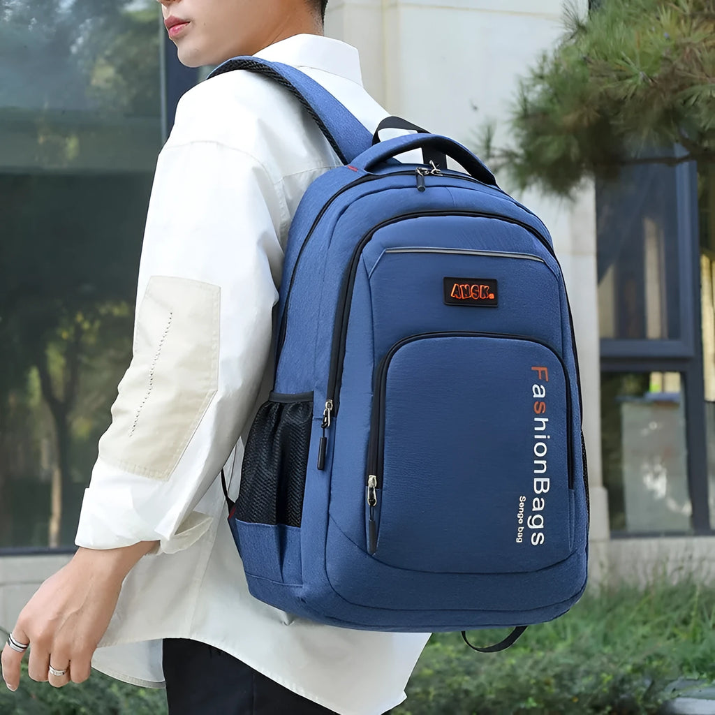 Street style nylon travel backpack in four colours with laptop compartment and internal organisers.