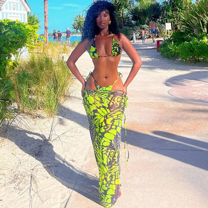 Women's fashion printed long skirt bikini three-piece suit in green with polyester fabric