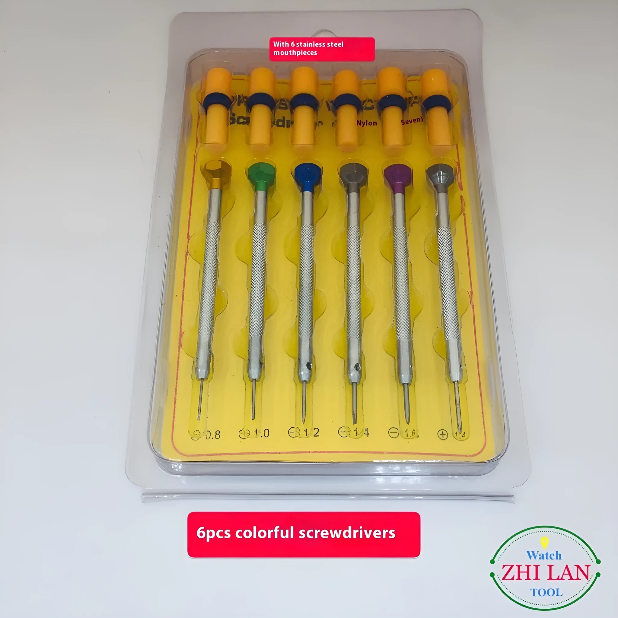 Six colour-coded watch repair screwdrivers with copper handles stored in an open aluminium case.