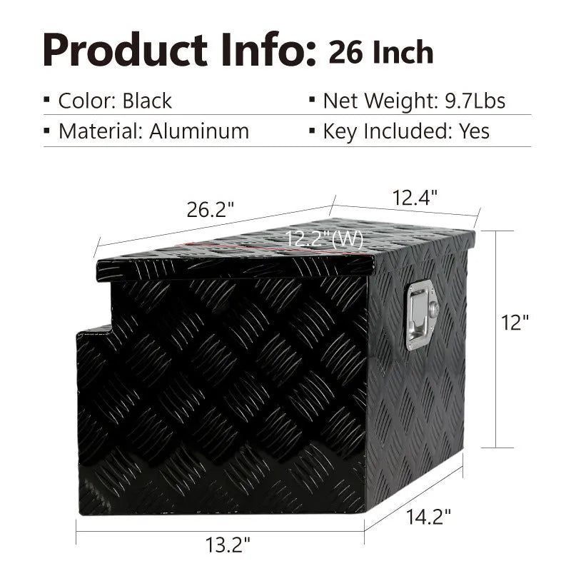 26-inch black aluminium alloy toolbox with T casting construction and lockable latches