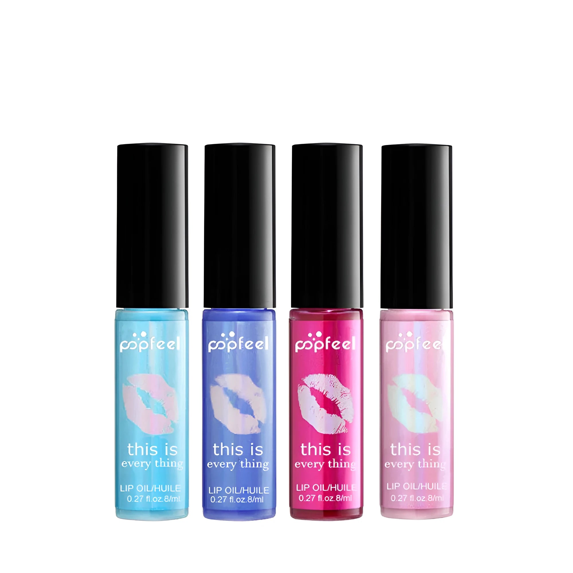 Transparent lip gloss in tube, nourishing multivitamin formula, available in four colours.