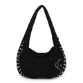 Women's soft plush strapless tote handbag in retro style showing colour options including black, red, brown, green and coffee