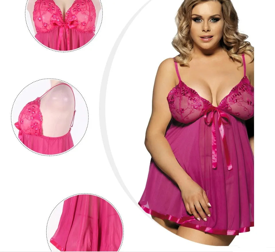 Plus-size black lace and mesh sling dress lingerie for sleepwear, shown on a hanger.