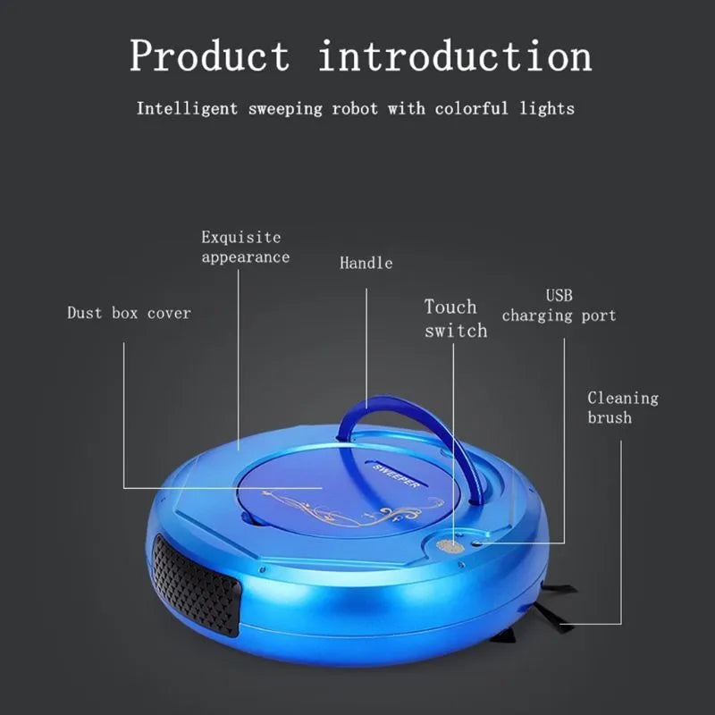 Blue robotic vacuum cleaner on hardwood floor with charging cable and cleaning accessories