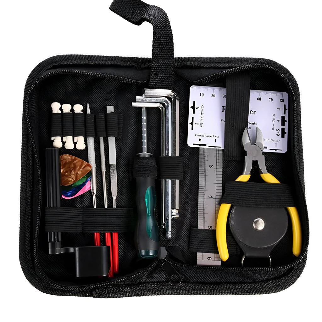 Black plastic and metal guitar repair kit for guitar, bass, mandolin, and banjo.