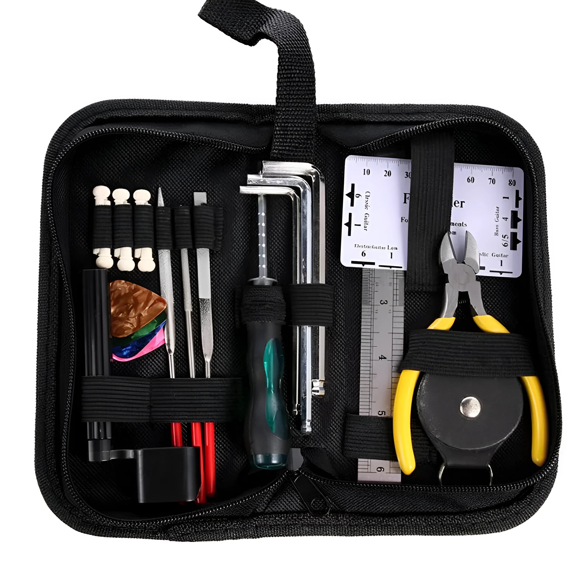 Black plastic and metal guitar repair kit for guitar, bass, mandolin, and banjo.