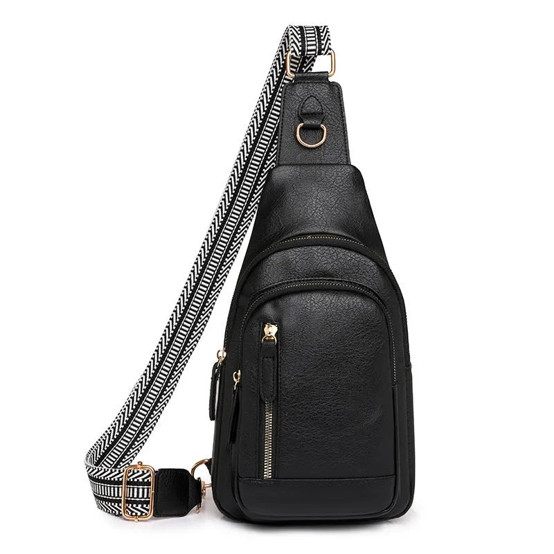 Women's soft PU leather chest bag with crossbody strap and organised interior compartments