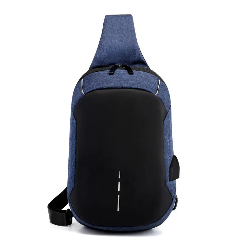 Small square dark blue Oxford cloth chest bag with a single strap and zipper, shown worn across the chest.