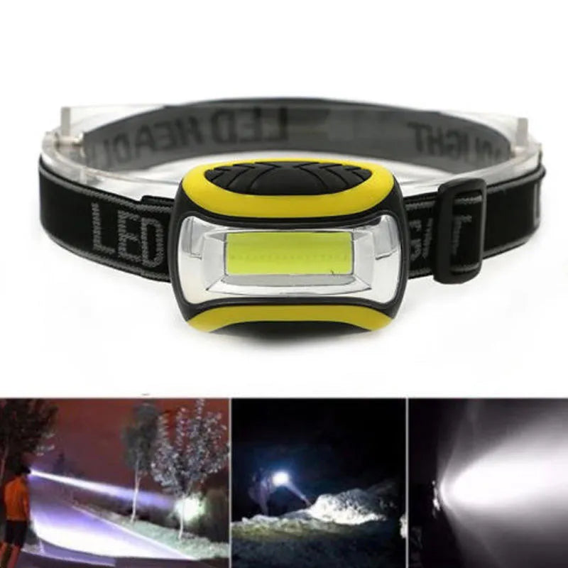 Yellow plastic three-speed COB LED headlamp for outdoor activities and work.