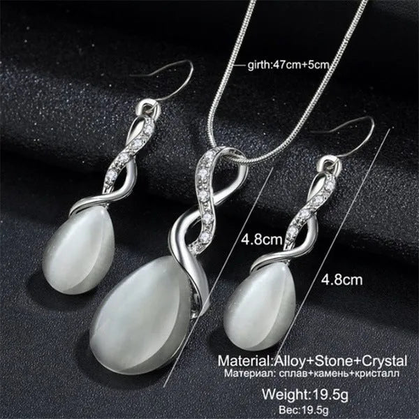 Fashion opal and cubic zirconia jewellery set with water drop pendant necklace and matching drop earrings
