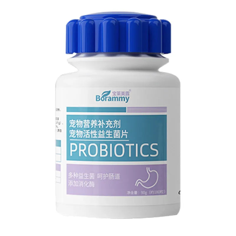 Bottle containing 180 pet probiotic tablets for dog and cat digestive health support