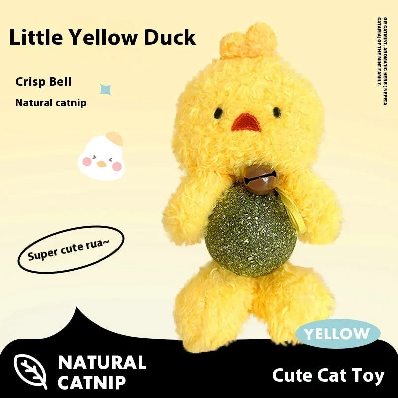 Plush cat toy shaped with catnip ball and bell inside, shown in one of four animal colour designs
