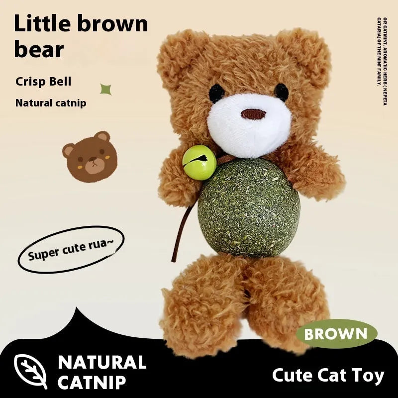 Plush cat toy shaped with catnip ball and bell inside, shown in one of four animal colour designs