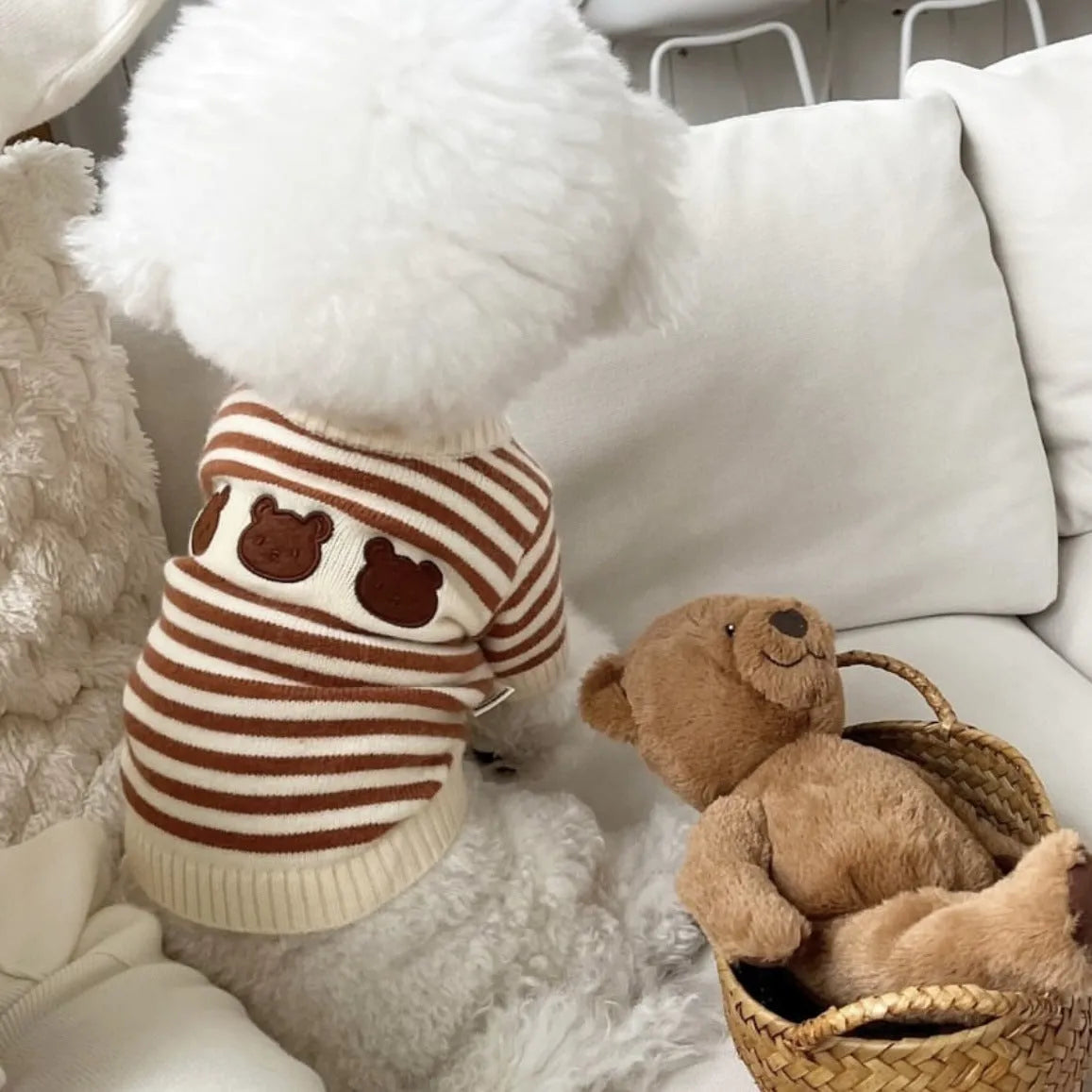 Korean style pet knitted sweater in navy blue stripes, warm wool fabric for dogs, autumn winter wear