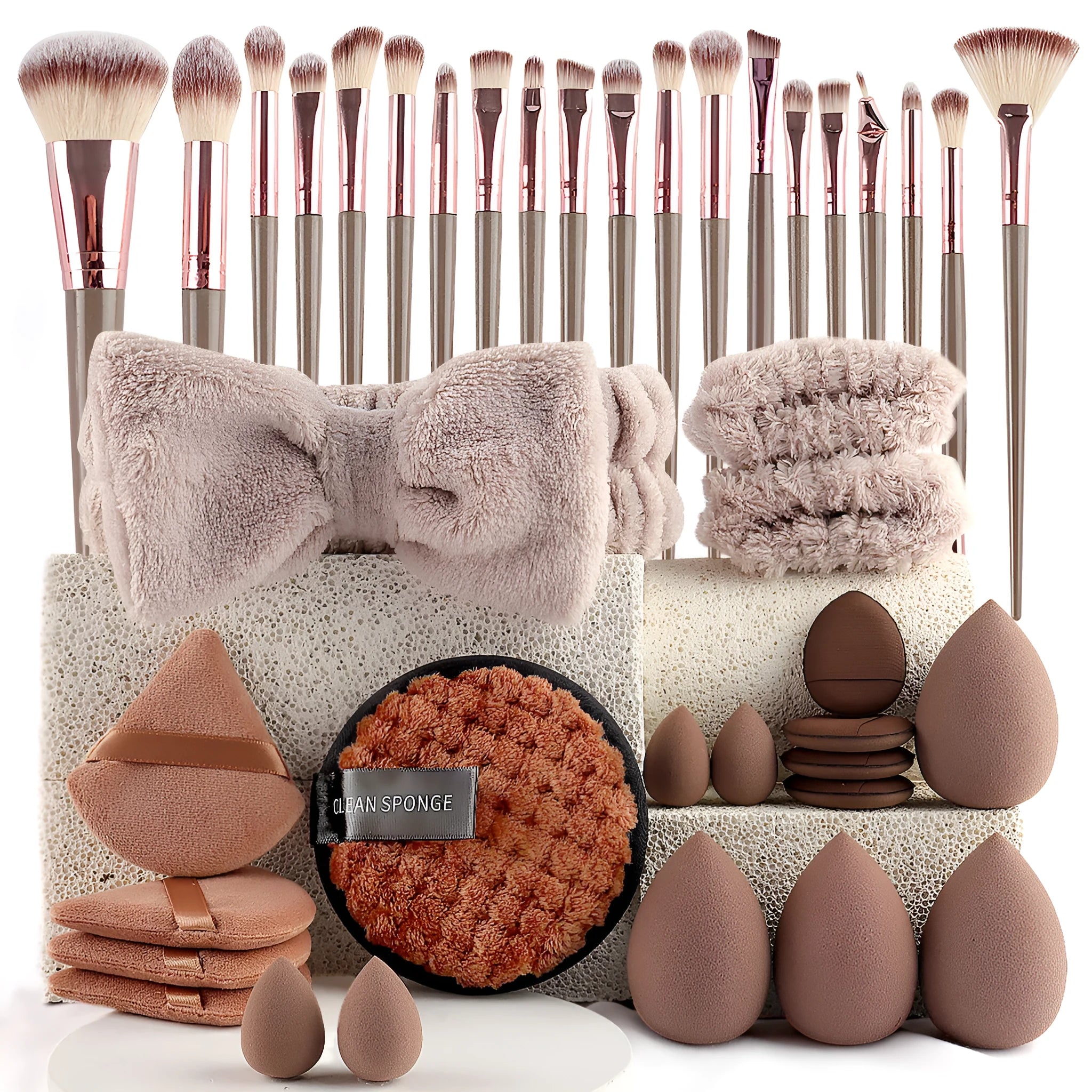 Beauty tools combination suit set with hydrophilic non-latex sponges in brown pink purple colour options