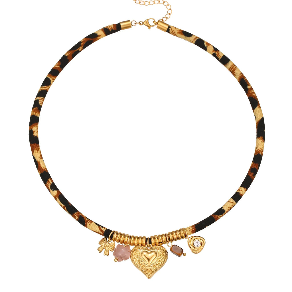 Leopard pattern stainless steel necklace with geometric pendant on adjustable 41-50cm chain