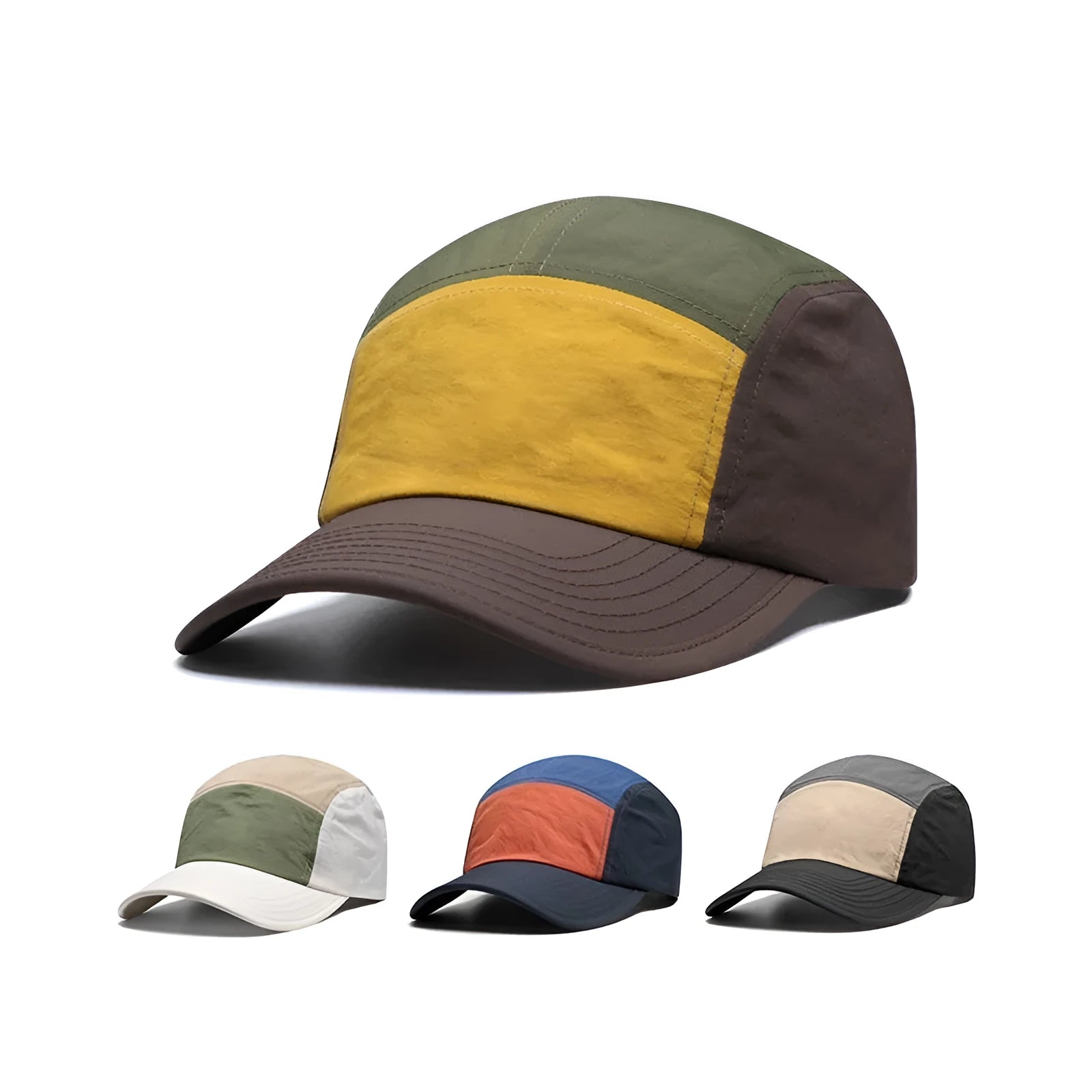 Men's quick-drying baseball cap in cotton polyester blend with curved brim, shown in multiple colour options