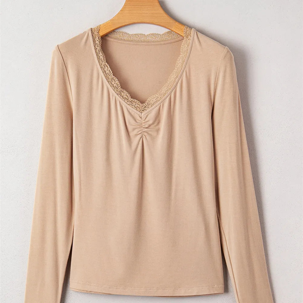 Women's red casual long sleeve top with lace trim detailing in slim fit Japanese Korean style