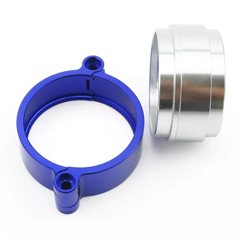 Aluminium fixed movement clamp for car exhaust downspout, shown in black colour.