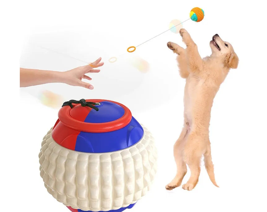 Blue ABS plastic dog training ball with retractable drawstring and molar cleaning bumps