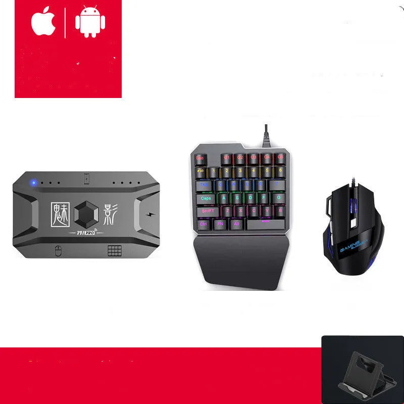 Mobile gaming keyboard mouse converter set with ABS plastic components in grey, USB cable, and throne