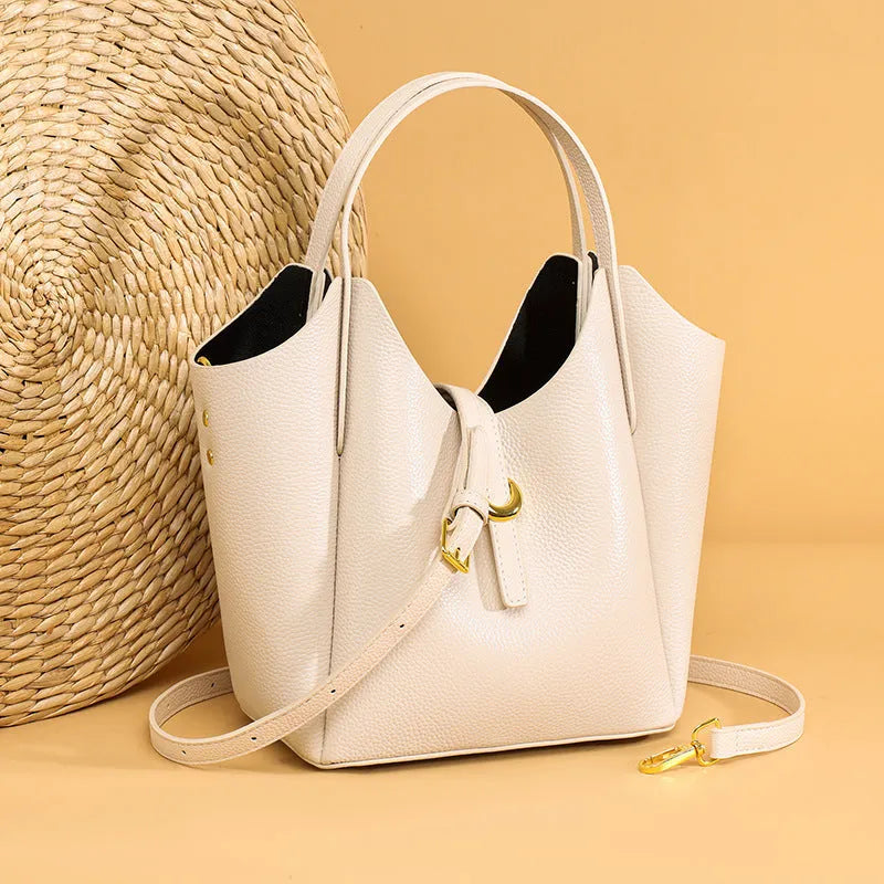 Genuine leather women's bucket bag in retro style with file compartment and shoulder strap